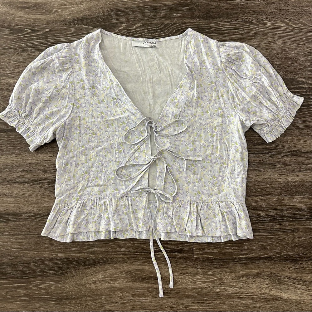 Sophie Rue Short Puff Sleeve Tie Front Top Bluemist Floral Size XL Boho Girly